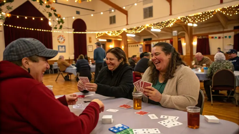 Community members playing card games and laughing together at a charity gaming fundraiser night inside a warmly lit New Hampshire community hall