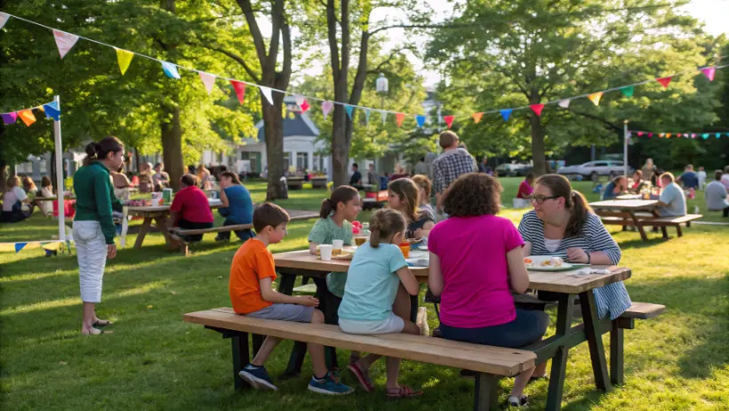 Neighbors of all ages gathered at a sunny outdoor community festival in a New Hampshire town common, talking and sharing food at picnic tables