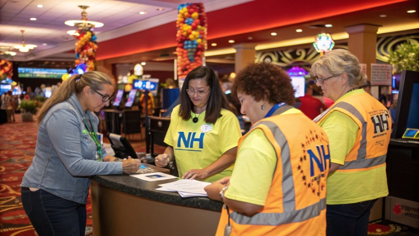 We the People NH volunteers staffing information booth at casino-themed community event