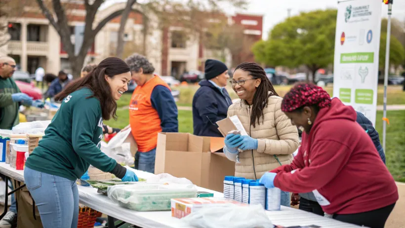 Group of volunteers and activists organizing materials at community event