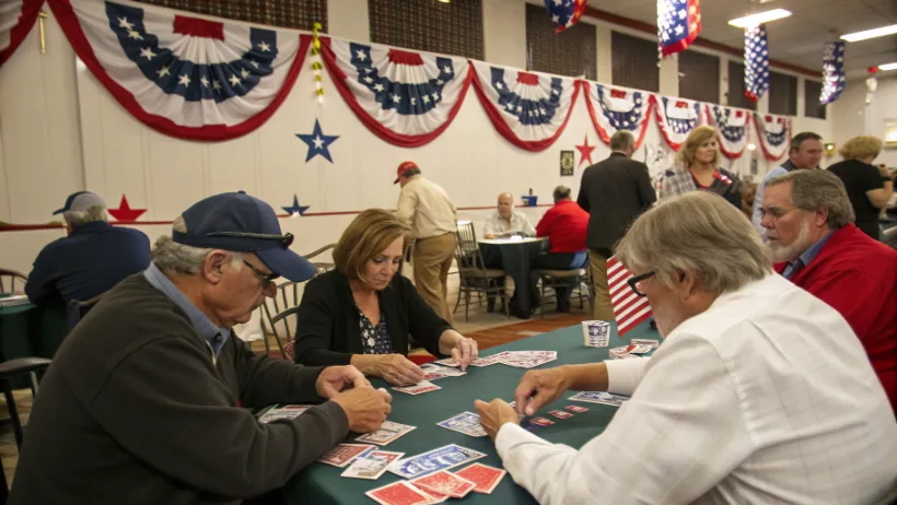 Citizens playing poker at We the People NH fundraising event with patriotic decorations
