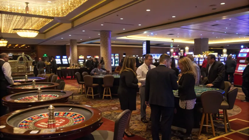 Citizens networking at liberty-focused event with casino entertainment elements