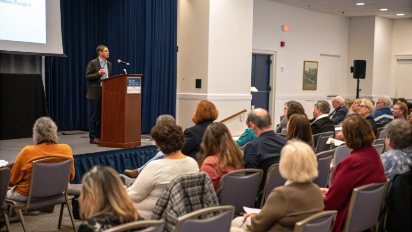 Speaker presenting at We the People NH medical freedom forum with audience members taking notes
