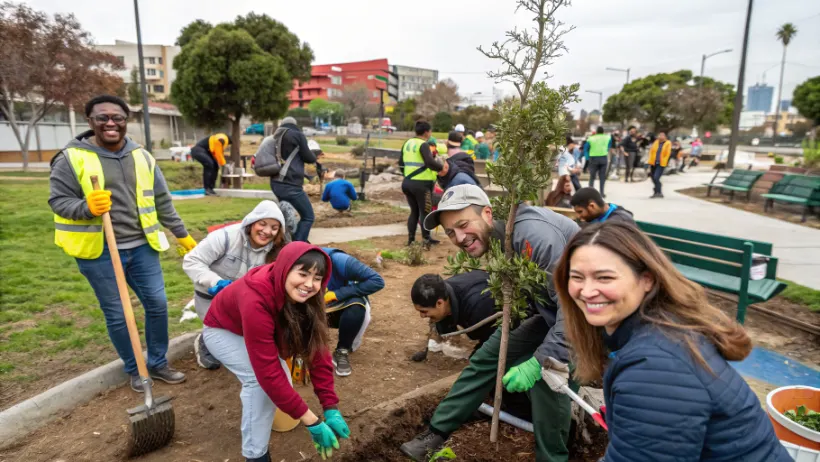 Diverse group of people volunteering and engaging at civic participation event